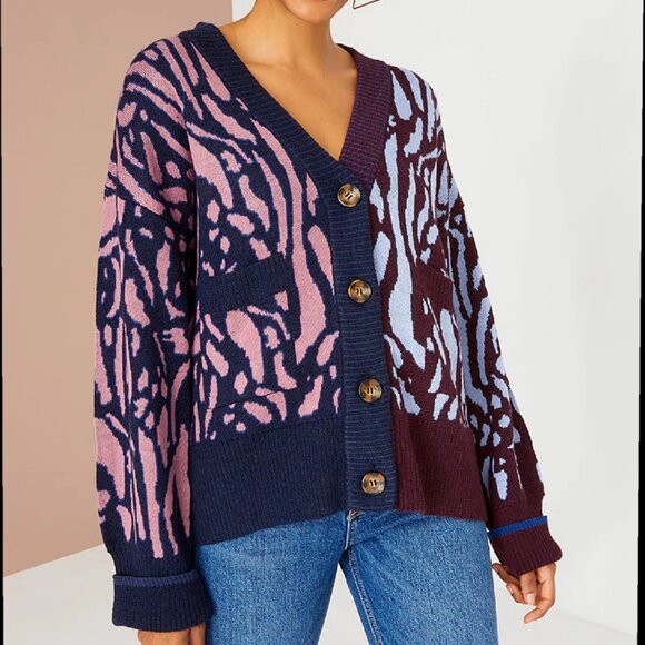 Women Alivia Blue Pink Leopard Alpaca Wool Knit V-Neck Cardigan Sweater L - Picture 1 of 10